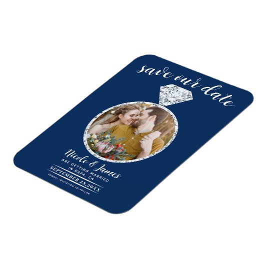 Navy Blue Diamond Ring Blende Foto Save the Date Magnet (Linke Seite)