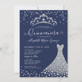 Navy Blue Diamond Sparkle Tiara Gown Quinceanera Einladung (Vorderseite)