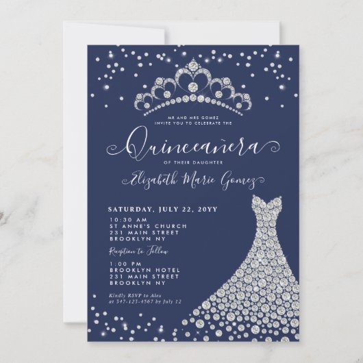 Navy Blue Diamond Sparkle Tiara Gown Quinceanera Einladung (Vorderseite)