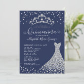 Navy Blue Diamond Sparkle Tiara Gown Quinceanera Einladung (Stehend Vorderseite)