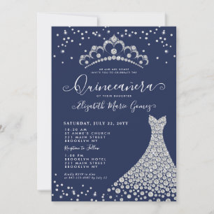 Navy Blue Diamond Sparkle Tiara Gown Quinceanera Einladung