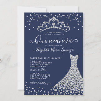 Navy Blue Diamond Sparkle Tiara Gown Quinceanera Einladung