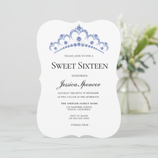 Navy Blue Diamond Tiara Sweet 16 Einladung (Stehend Vorderseite)