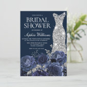 Navy Blue Diamond Wedding Dress Brautparty Einladung (Stehend Vorderseite)