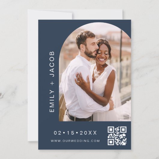 Navy Blue Die Hochzeit von Minimalistischem QR-Cod Einladung (Rückseite)