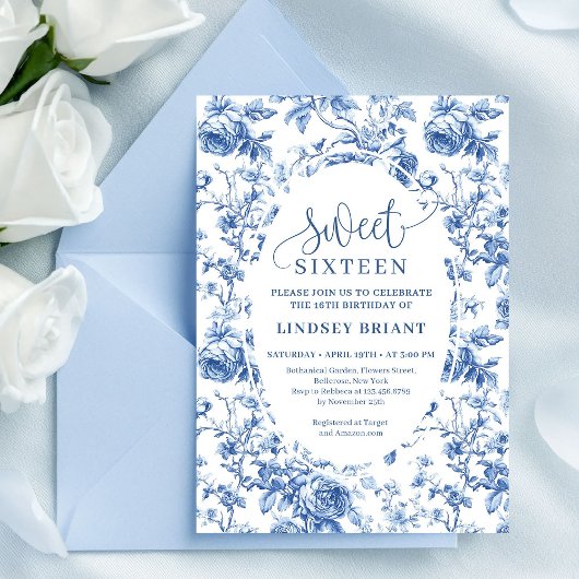 Navy Blue Digital Floral Invitation 16th Birthday Einladung