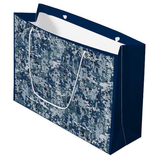 Navy Blue Digital Pixels Camouflage Deco Große Geschenktüte (Vorderseite Schrägansicht)
