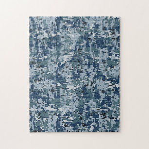 Navy Blue Digital Pixels Camouflage Deco Puzzle