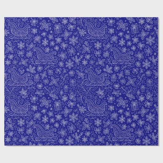 Navy Blue Doodle Christmas Sleigh Pattern Geschenkpapier (Flach)