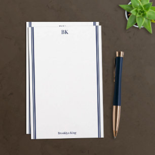 Navy-Blue-Doppelstrich-Monogramm & Name Briefpapier