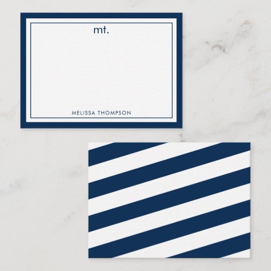 Navy Blue Double Border Modern Monogram Strichen Mitteilungskarte (Vorne/Hinten)