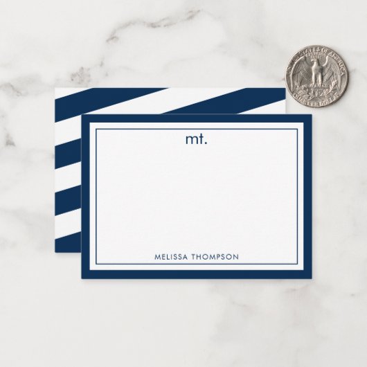 Navy Blue Double Border Modern Monogram Strichen Mitteilungskarte (Vorderseite/Rückseite Beispiel)