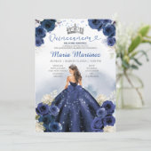 Navy Blue Dress Princess Silver Crown Quinceañera Einladung (Stehend Vorderseite)