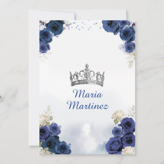 Navy Blue Dress Princess Silver Crown Quinceañera Einladung (Rückseite)