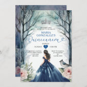 Navy Blue Dress Winter Floral Forest Quinceañera Einladung (Vorne/Hinten)