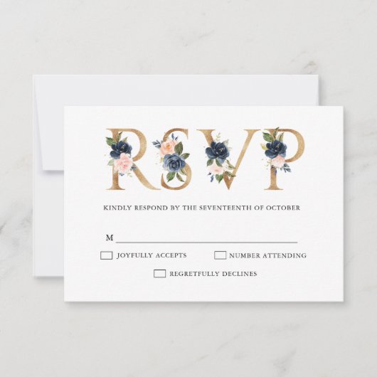 Navy Blue Dusty Blush Pink Floral Wedding RSVP Karte (Vorderseite)