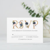 Navy Blue Dusty Blush Pink Floral Wedding RSVP Karte (Stehend Vorderseite)