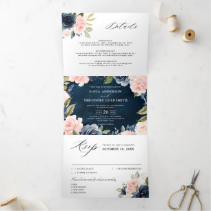 Navy Blue Dusty Blush Pink Floral Wedding Tri-Fol Dreifach Gefaltete Ankündigung