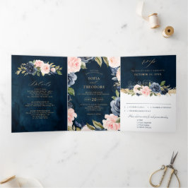 Navy Blue Dusty Blush Pink Floral Wedding Tri-Fol Dreifach Gefaltete Ankündigung