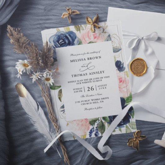 Navy Blue Dusty Floral Budget QR Code Wedding Einladung