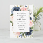 Navy Blue Dusty Floral Budget QR Code Wedding Einladung (Stehend Vorderseite)
