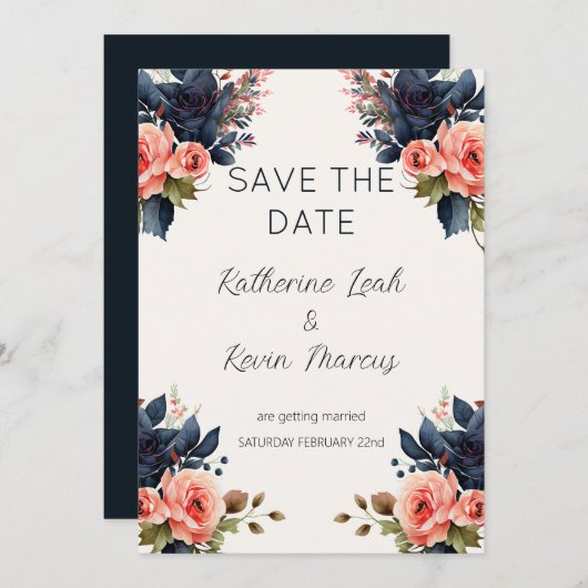 Navy Blue Dusty Rose Floral Save the Date Hochzeit Einladung (Vorne/Hinten)