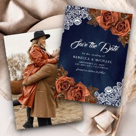 Navy Blue Dusty Terracotta Rose Wedding Foto Save The Date