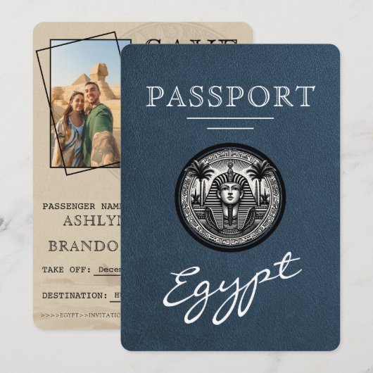 Navy Blue Egypt Passport Wedding Save the Date (Vorne/Hinten)