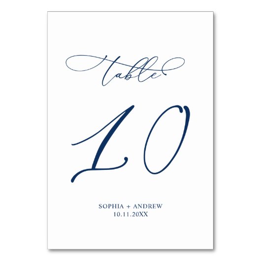 Navy Blue Elegant Calligraphy Table 10 Wedding Tischnummer (Vorderseite)