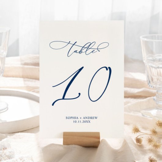 Navy Blue Elegant Calligraphy Table 10 Wedding Tischnummer