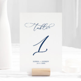 Navy Blue Elegant Calligraphy Table 1 Wedding Tischnummer