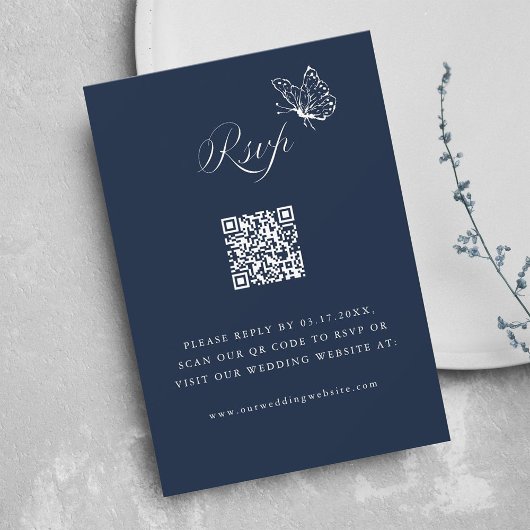 Navy Blue Elegant Calligraphy Wedding QR Code RSVP Karte