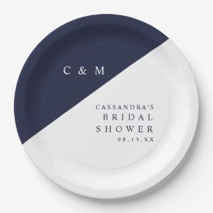 Navy Blue Elegant Chic Monogram Brautparty Pappteller