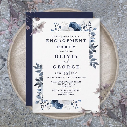 Navy Blue Elegant Floral Engagement Party Einladung
