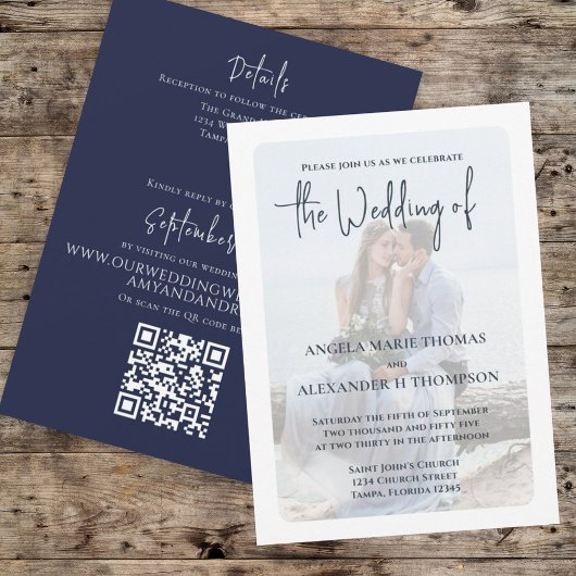 Navy Blue Elegant Foto QR Code Wedding RSVP Einladung