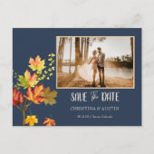 Navy Blue Elegant Foto Wild-Blätter Save the Date Postkarte (Vorderseite)