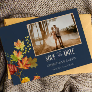 Navy Blue Elegant Foto Wild-Blätter Save the Date Postkarte