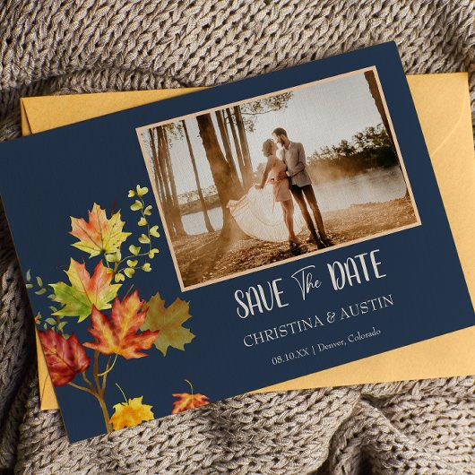 Navy Blue Elegant Foto Wild-Blätter Save the Date Postkarte