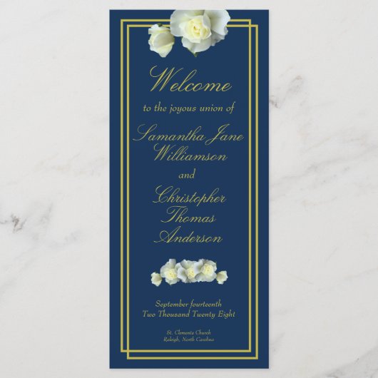 Navy Blue Elegant Gold Script Gerahmt White Rose Programm (Vorderseite)