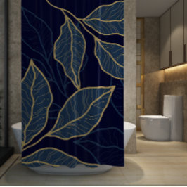 Navy Blue Elegant Luxurious Gold Leaf Duschvorhang