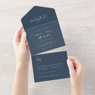 Navy Blue Elegant Minimalistisch Tear Off Wedding All In One Einladung