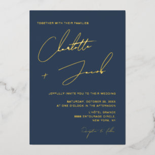 Navy Blue Elegant Minimalistische Skripthochzeit Folieneinladung