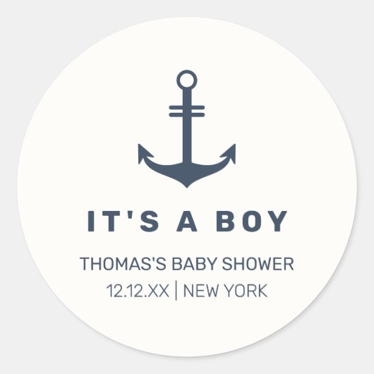 Navy Blue Elegant Nautical Anchor Baby Shower Runder Aufkleber (Vorderseite)