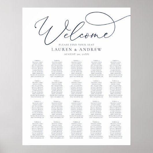 Navy Blue Elegant Print/Digital 20 Seating Chart Poster (Vorne)