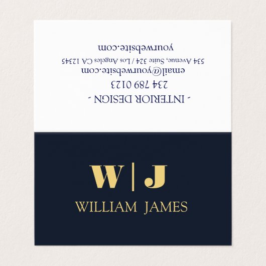 Navy Blue Elegant Professional Minimalist Monogram Visitenkarten (Außenseite Aufgefaltet)