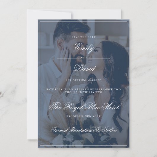 Navy Blue Elegant QR Code Foto Overlay Save The Date (Vorderseite)