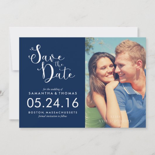 Navy Blue Elegant Script Save the Date (Vorderseite)
