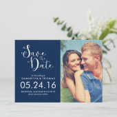 Navy Blue Elegant Script Save the Date (Stehend Vorderseite)