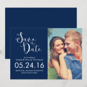 Navy Blue Elegant Script Save the Date (Vorne/Hinten)