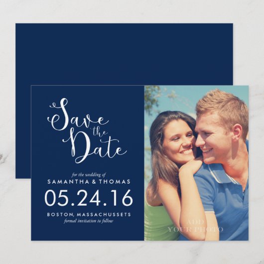Navy Blue Elegant Script Save the Date (Vorne/Hinten)